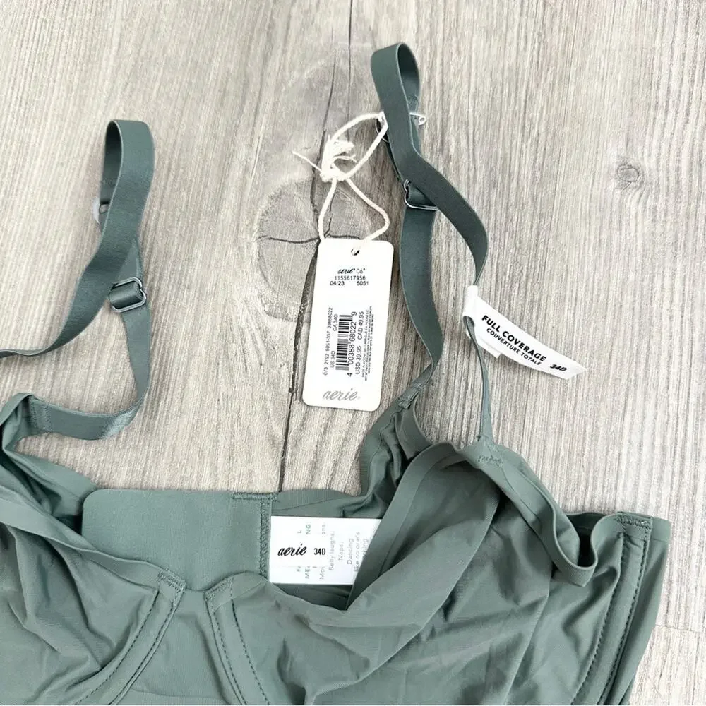 Aerie Smoothez Mesh Unlined Sage Green Bra NWT Full Coverage Size 34D 34C